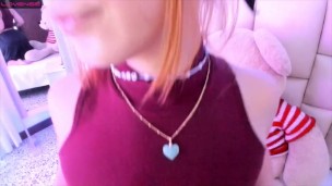 Cute faced redhead sucks dildo in pov for you